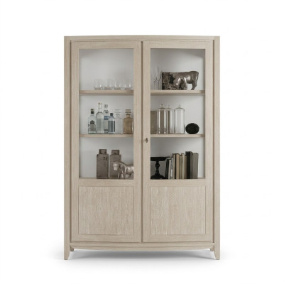 Showcase living room furniture wood glass display cabinet beige sideboard new