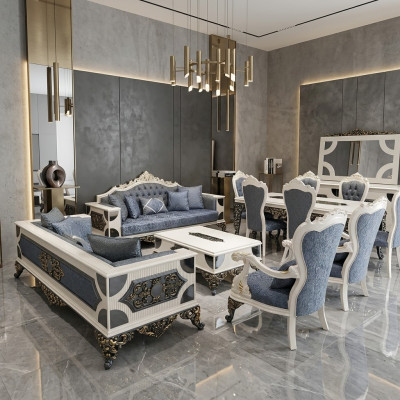Luxurious living room set with 2x 3-seater sofas, two armchairs, and coffee table.