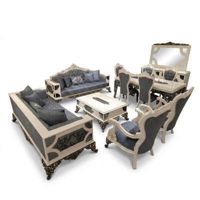 Luxurious living room set with 2x 3-seater sofas, two armchairs, and coffee table.