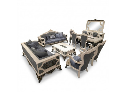 Luxurious living room set with 2x 3-seater sofas, two armchairs, and coffee table.