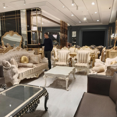 Modern living room set with two stylish 3-seater sofas and a designer armchair