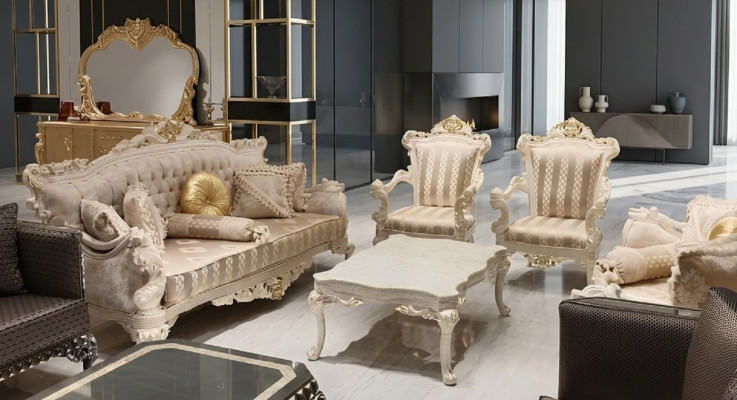 Modern living room set with two stylish 3-seater sofas and a designer armchair