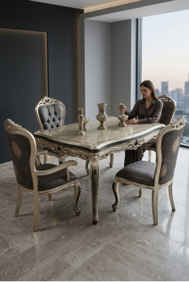Designer dining room furniture, wooden dining table, gold table, seating for 6 people.
