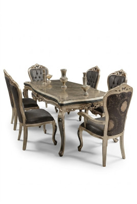 Designer dining room furniture, wooden dining table, gold table, seating for 6 people.