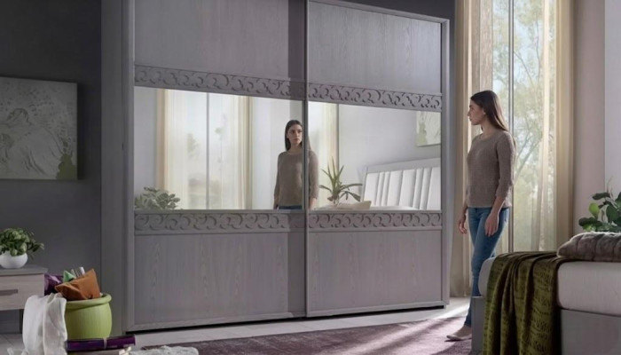 Sliding door wardrobe closet with mirror wood luxury modern