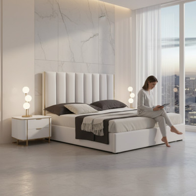 Bedroom set luxury bed 2x nightstands design new white 3-piece modern