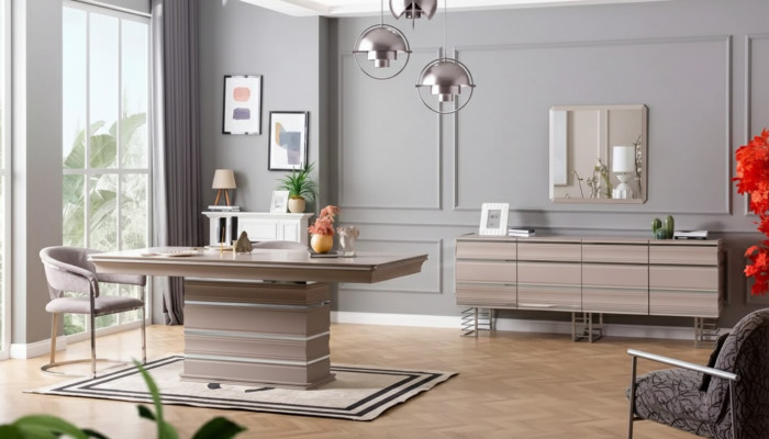 Table, 6x chairs, sideboard, mirror, 9-piece dining room set, group, ensemble