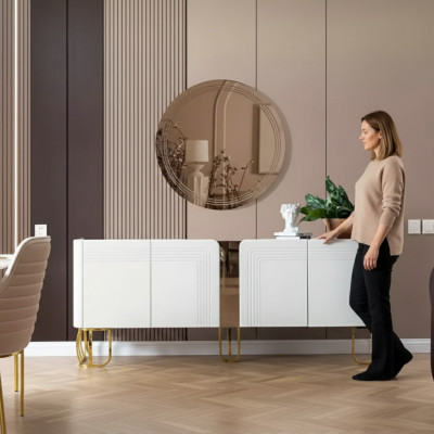 Living room sideboard mirror set luxury modern wood white 2-piece.