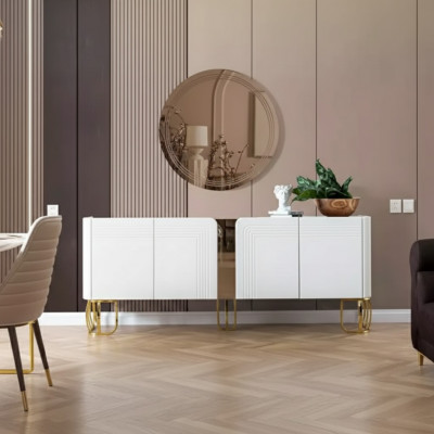 Living room sideboard mirror set luxury modern wood white 2-piece.