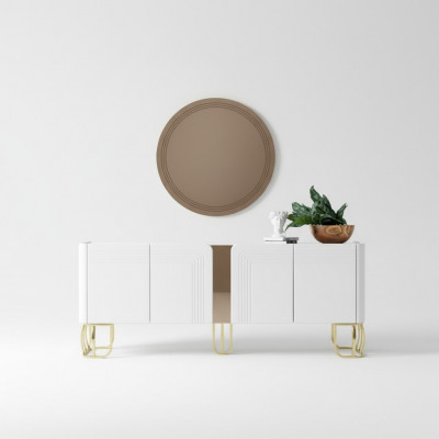 Living room sideboard mirror set luxury modern wood white 2-piece.