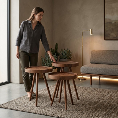 Side table 3x round decorative table lamp table sofa table wood brown