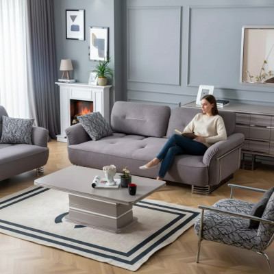 Sofa 3-seater fabric living room design modern new luxury white gray