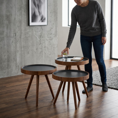 Side table 3x set brown coffee table round nesting table modern luxury