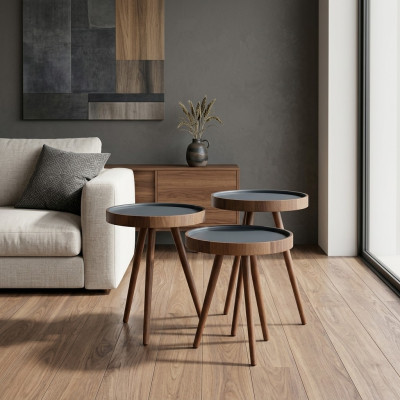 Side table 3x set brown coffee table round nesting table modern luxury