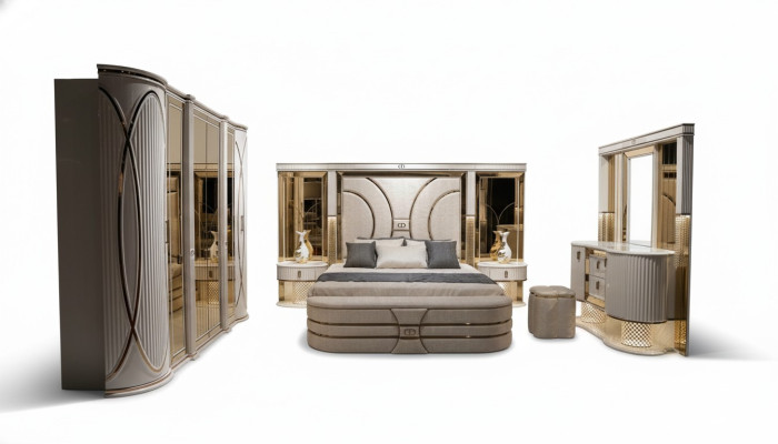 Bedroom set complete bed 2x nightstands wardrobe new 7-piece