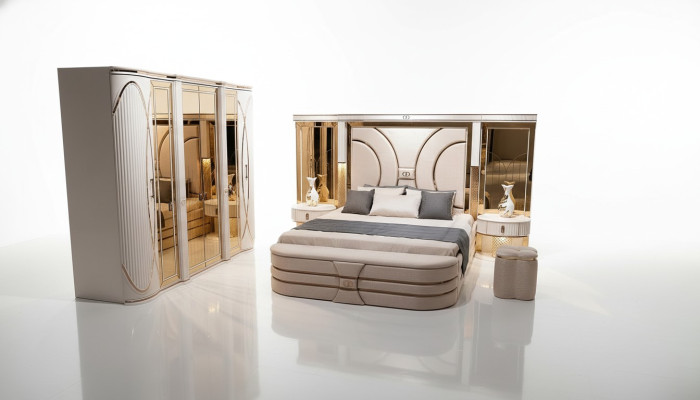 Bedroom set bed 2x nightstands stool luxury new 5-piece design wood