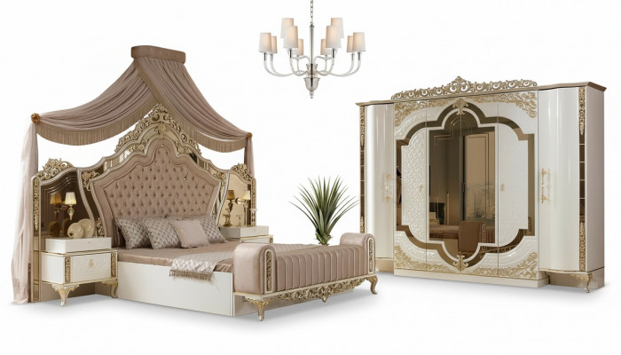 Bedroom set bed 2x nightstands design luxury new 5-piece white