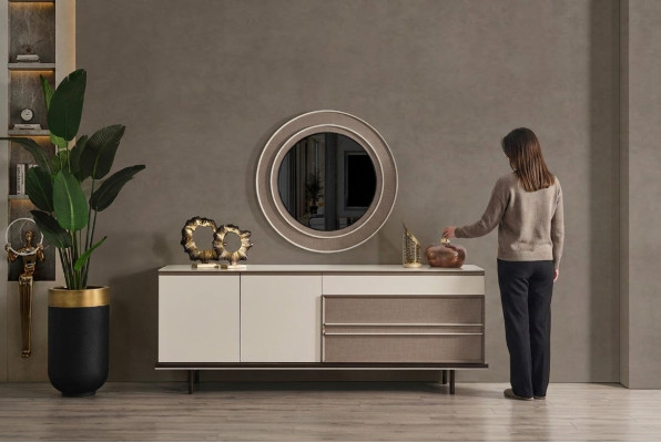 Furniture for dining room with wooden side table and luxury mirror and drawer