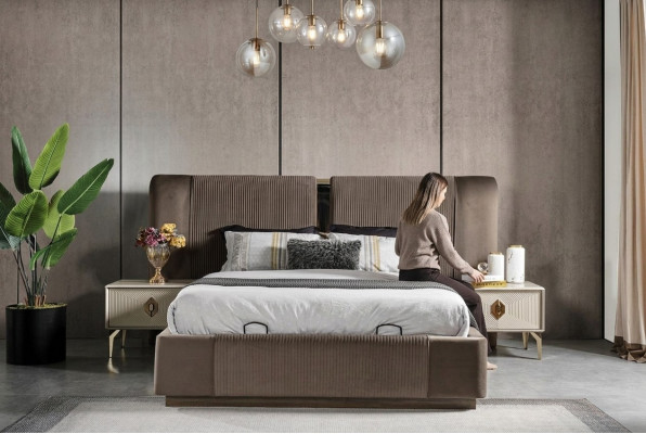 Brown bedroom set designer double bed 2 bedside tables luxury furniture