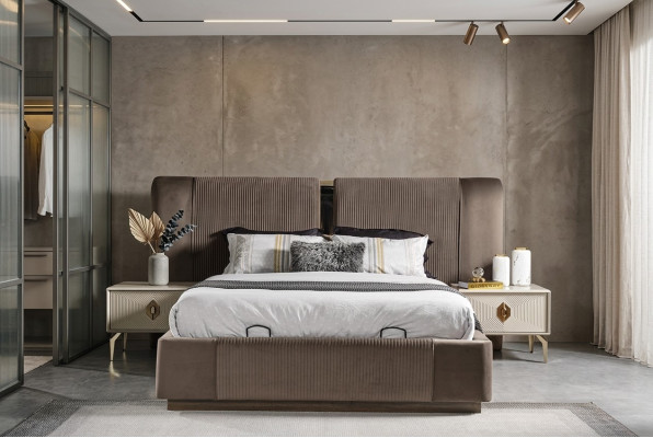 Brown bedroom set designer double bed 2 bedside tables luxury furniture