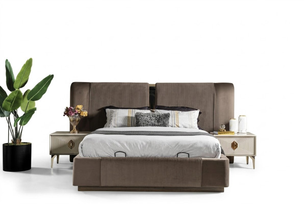 Brown bedroom set designer double bed 2 bedside tables luxury furniture