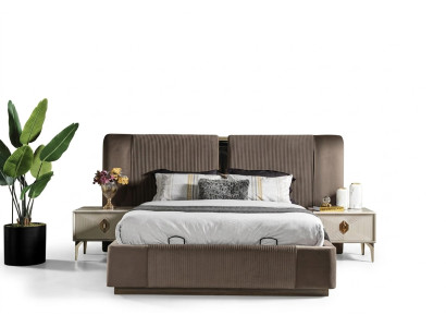 Brown bedroom set designer double bed 2 bedside tables luxury furniture
