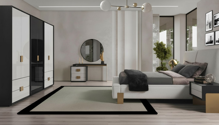 Modern bedroom set double bed 2x nightstands dressing table 6-piece set