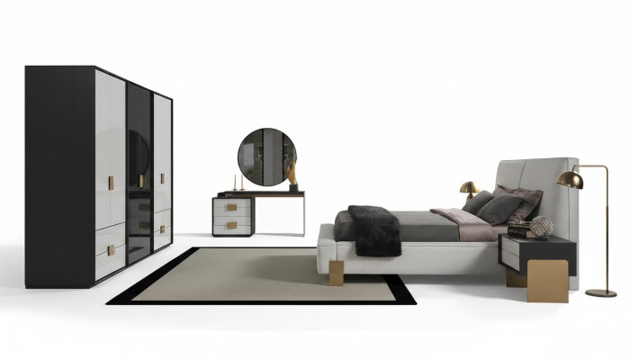 Modern bedroom set double bed 2x nightstands dressing table 6-piece set