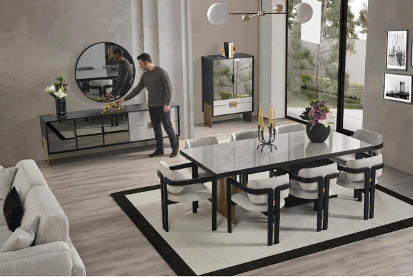 Modern dining set dining table 8x chairs sideboard mirror 11 pieces