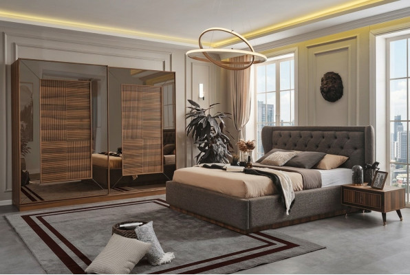 Bedroom set upholstered bed 2x bedside tables wardrobe 4-piece set