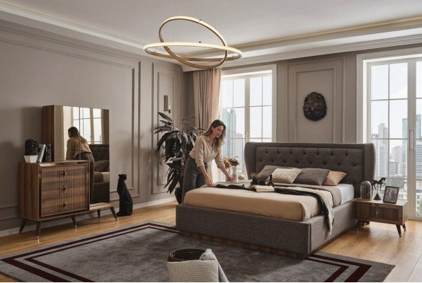 Modern bedroom set designer bed 2x nightstands dresser mirror