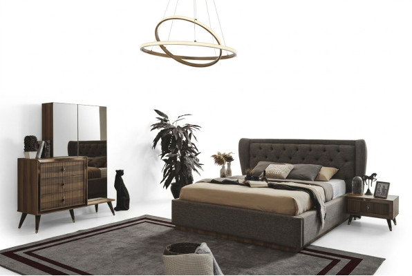 Modern bedroom set designer bed 2x nightstands dresser mirror