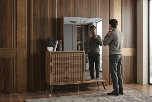 Brown bedroom furniture dresser with mirror luxury wood set 3-door
