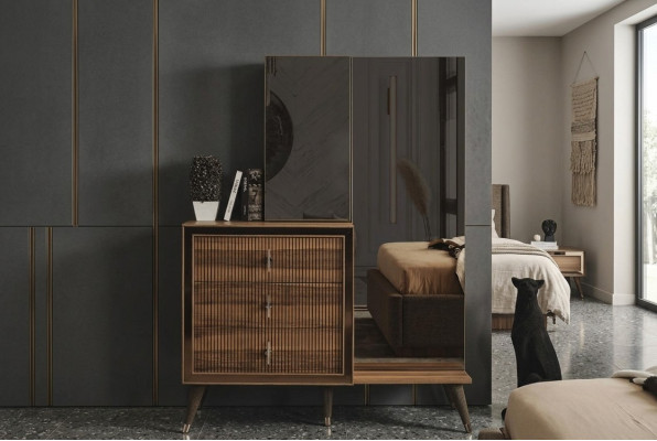 Brown bedroom furniture dresser with mirror luxury wood set 3-door