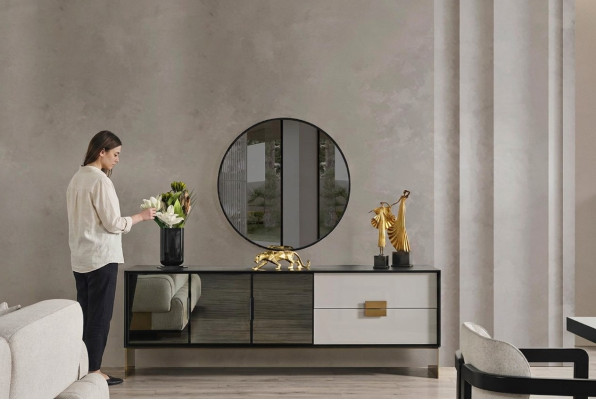 Black Living Room Set Designer Sideboard Luxury Mirror 2-Piece Set New