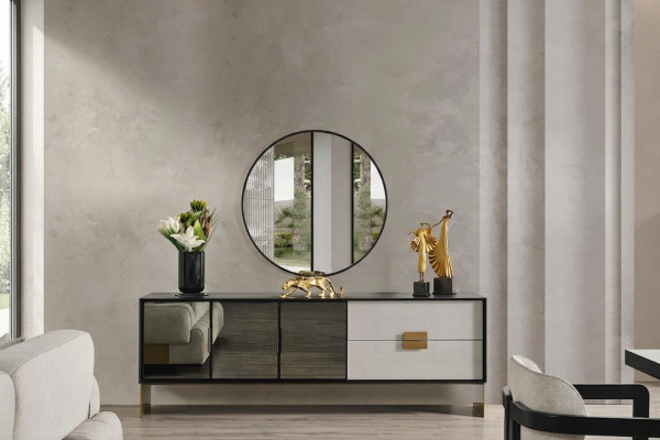 Black Living Room Set Designer Sideboard Luxury Mirror 2-Piece Set New