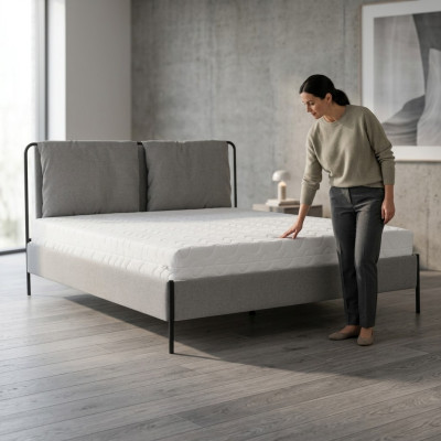 Modern bedroom bed gray double bed metal frame textile beds