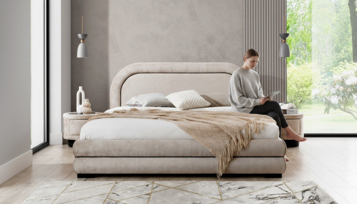 Bedroom set designer beige double bed 2x fabric nightstands
