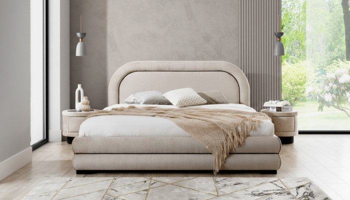 Bedroom set designer beige double bed 2x fabric nightstands