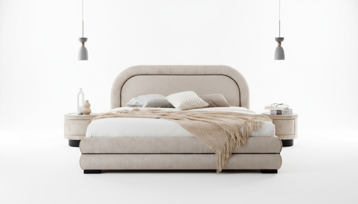 Bedroom set designer beige double bed 2x fabric nightstands
