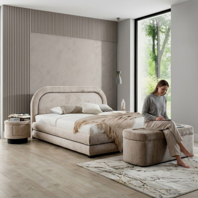 Exclusive beige bedroom set, double bed upholstery nightstands
