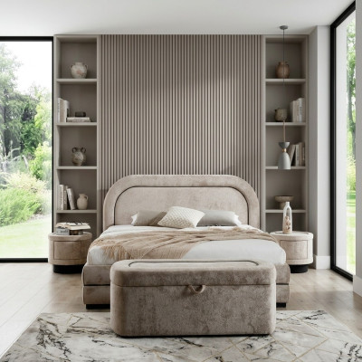 Exclusive beige bedroom set, double bed upholstery nightstands