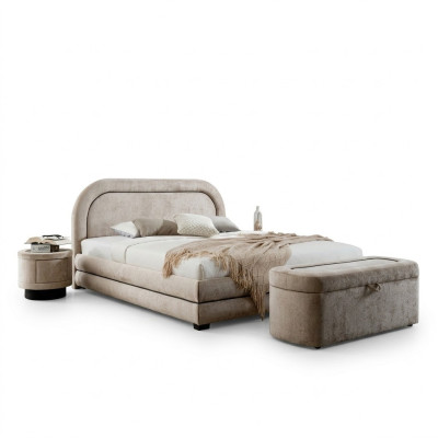 Exclusive beige bedroom set, double bed upholstery nightstands