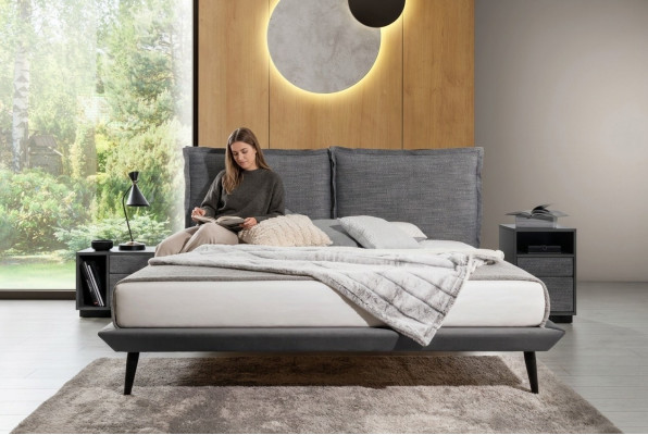 Stylish bedroom gray bed 2x nightstands luxury beds 3-piece set