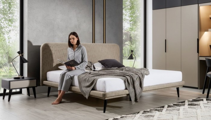 Noble bedroom furniture brown textile bed designer wood 2x nightstands
