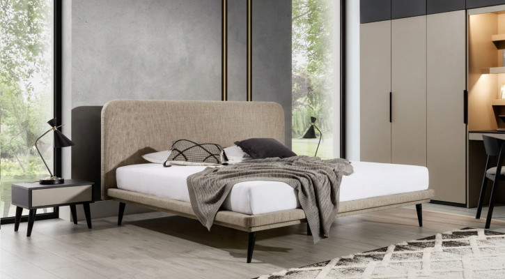 Noble bedroom furniture brown textile bed designer wood 2x nightstands