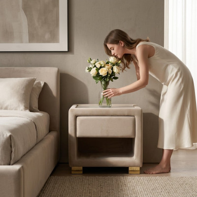Beige square bedside table designer wood frame modern furniture new