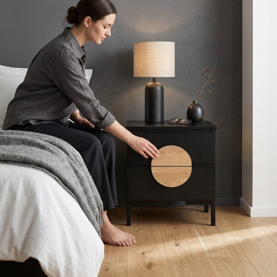 Black nightstand designer bedside table with 2 drawers wooden furniture