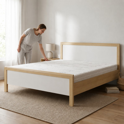 Modern white double bed, bedroom furniture, high-quality wooden frame.