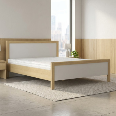 Modern white double bed, bedroom furniture, high-quality wooden frame.